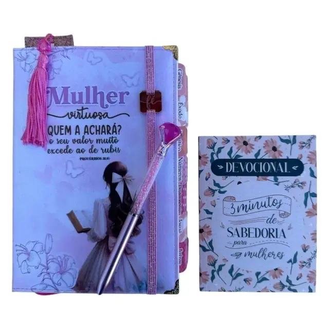 Foto do produto Kit Bíblia Mulher Virtuosa com Abas adesivas capa dura ARC + devocional + caneta + marca páginas